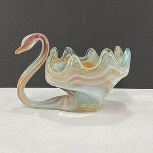 Vintage Blown Art Glass Swan Bowl Sooner Style Orange White
